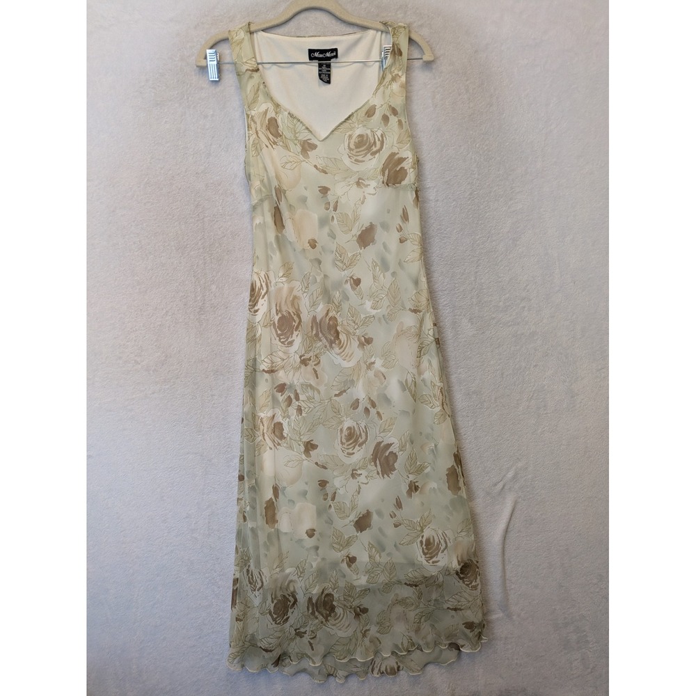 Meghan Matthews Women's Size 10 Y2K Floral Rose Maxi Dress Cream Tan Sage Green